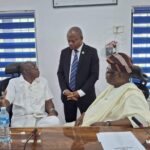 Acting Rector Maritime Academy of Nigeria, Oron Dr Kevin Okonna (middle) addressing the Board chairman of Liberia Maritime Academy Tornolah Varpilah (left) with Chairman Governing Council of MAN, Oron Engr Kehinde during facility tours by Liberian delegation at the institution
