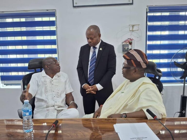 Acting Rector Maritime Academy of Nigeria, Oron Dr Kevin Okonna (middle) addressing the Board chairman of Liberia Maritime Academy Tornolah Varpilah (left) with Chairman Governing Council of MAN, Oron Engr Kehinde during facility tours by Liberian delegation at the institution