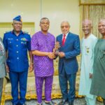 L-R Mr Brian Ojibe; Air Cde Adedoyin, Director Veterans Admin,NAF; Air Marshal S.K. Aneke, Chief of the Air Staff NAF; Captain August Okpe; Air Cde Sani Zachary (retd), Veterans Liaison Officer; Air Vice Marshal Garba Bello. On the occasion when the Nigerian Air Force High Command honored Captain August Okpe, the last surviving most senior pioneer Pilot of the NAF, for his contributions to the Military and Civil Aviation of Nigeria