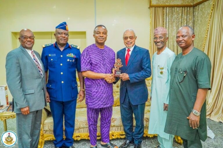 L-R Mr Brian Ojibe; Air Cde Adedoyin, Director Veterans Admin,NAF; Air Marshal S.K. Aneke, Chief of the Air Staff NAF; Captain August Okpe; Air Cde Sani Zachary (retd), Veterans Liaison Officer; Air Vice Marshal Garba Bello. On the occasion when the Nigerian Air Force High Command honored Captain August Okpe, the last surviving most senior pioneer Pilot of the NAF, for his contributions to the Military and Civil Aviation of Nigeria