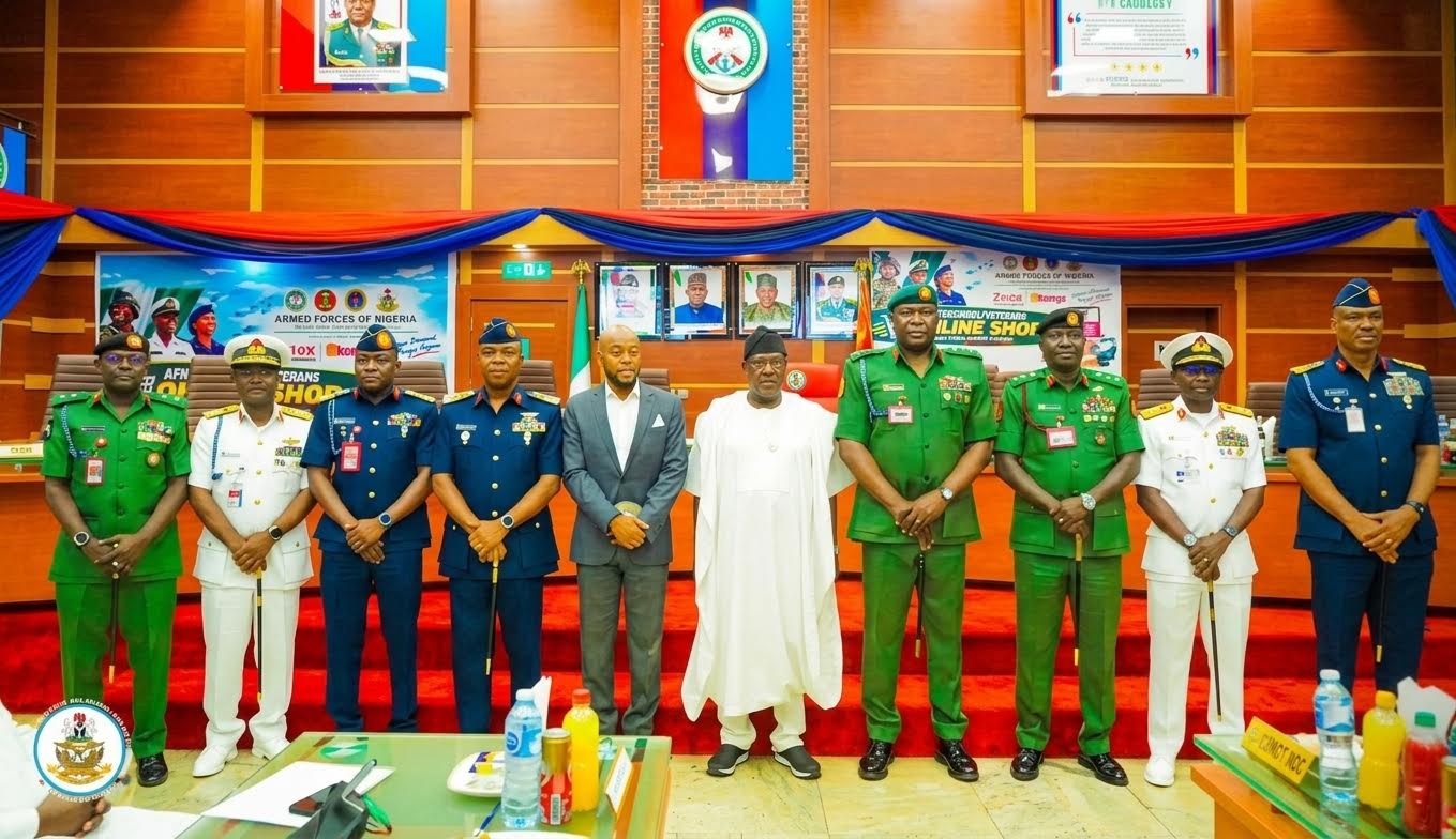 L-R: Chief of Defence Operations Major General Jamal Abdulsalam; Chief of Defence Transformation and Innovation, Air Vice Marshal Hassan Alhaji; Chief of Air Staff Air Marshal Sunday Kelvin Aneke; Mr. Reginald Obiakor, General Manager, Business Development at Zinox Technologies Ltd; Secretary to the Government of the Federation, Senator Dr. George Akume; Chief of Defence Staff, General Olufemi Oluyede; The Chief of Army Staff Maj. Gen. Wadi Shaibu, CNS Vice Admiral Iddi Abass and the Chief of Defence Policy and Plans Air Vice Marshall Francis Edosa.
