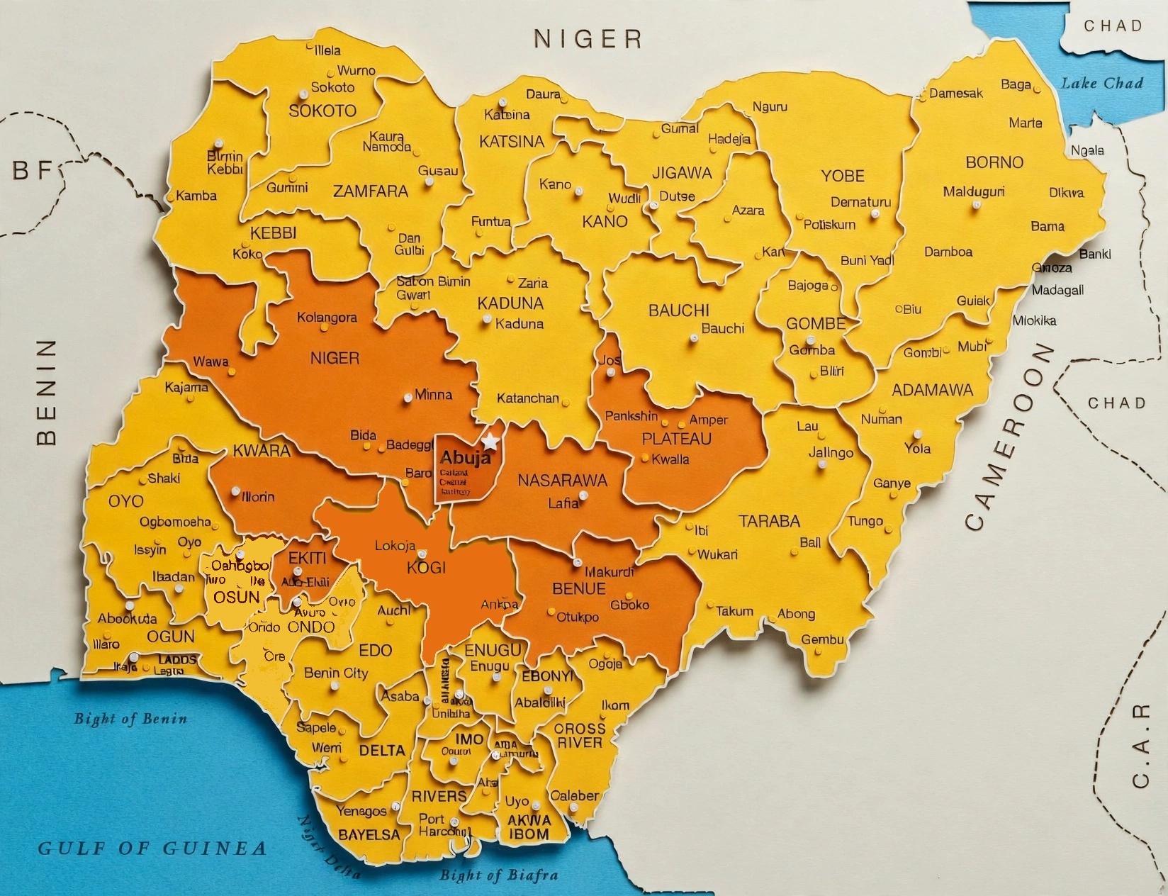 Nigeria map (yellow with north central states highlighted in orange)