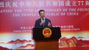 The Chinese Ambassador to Nigeria, Yu Dunhai, speaking during the celebration of the 77th anniversary of the founding of the People’s Republic of China in Abuja.