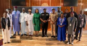 Minister of Industry, Trade and Investment, Jumoke Oduwole; Minister of State for Foreign Affairs, Sola Enikanolaiye; IGP, Olatunji Disu; Immigration Comptroller-General, Kemi Nandap; and Assistant Comptroller-General of Customs, Nafiu Isiyaku, among others during a briefing on Nigeria’s preparations for the 2026 CANEX Weekend at the State House, Abuja, on Tuesday, September 29, 2026