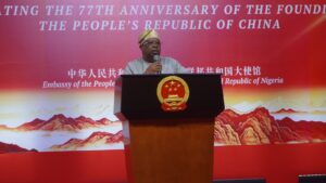 The Representative of President Bola Ahmed Tinubu and Minister of Power, Joseph Tegbe, speaking during the celebration of the 77th anniversary of the founding of the People’s Republic of China in Abuja