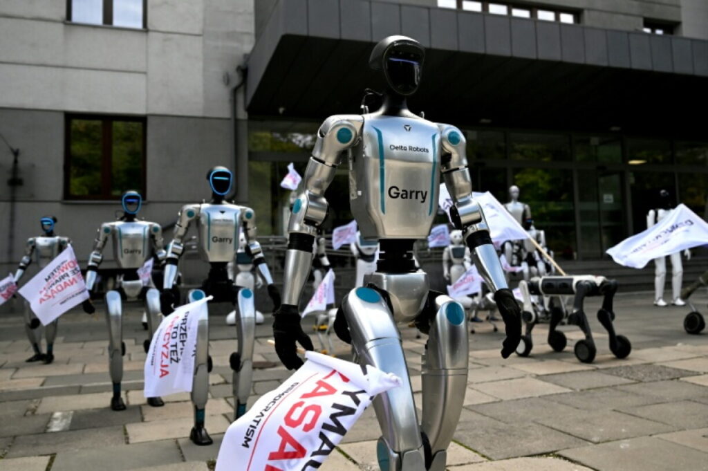 robots protest AI regulation in Warsaw