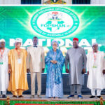 L-R: Minister of State for Housing and Urban Development, Rt. Hon. Yusuf Abdullahi Ata; Leader of the Senate, Sen. Opeyemi Bamidele; National Chairman, Forum of Former Presiding Officers of State Houses of Assembly, APC, Sen. Wasiu Sani Eshinlokun; Ebonyi State Governor and Chairman, Board of Trustees, Forum of Former Presiding Officers of State Houses of Assembly, APC, Rt. Hon. Francis Ogbonna Nwifuru; First Lady of Nigeria and Grand Patron of the Forum, Sen. Oluremi Tinubu; former Senate President, Sen. Anyim Pius Anyim; former Plateau State Governor, Sen. Simon Lalong; and Minister of State for Petroleum Resources (Oil), Sen. Heineken Lokpobiri, at the National Summit of Former Presiding Officers of State Houses of Assembly in Nigeria, APC, where the forum endorsed President Bola Ahmed Tinubu for a second term, at the Banquet Hall of the State House, Abuja, on Thursday, September 17, 2026