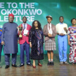 L-R: Falana, One, Bishop Okonkwo and wife, winners of essay competition and Prof. Akachi Ezeigbo at the lecture