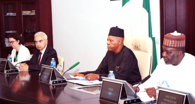 L-R: Africa Programme Manager, International Energy Agency, Ms. Rita Madeira, Executive Director of IEA, the Global Authority on Energy, Dr. Fatih Birol, Vice President Kashim Shettima and Deputy Chief of Staff to the President office of the Vice President, Ibrahim Hadejia at the signing of the agreement for the Joint Work Programme between Nigeria and IEA at the Presidential Villa in Abuja on Thursday (03/09/2026)