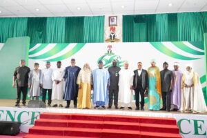 Chairman, Inter-Ministerial Committee on Nigeria’s 66th Independence Anniversary and Secretary to the Government of the Federation, George Akume, (7th left) flanked by some members of the Federal Executive Council; Guest Speaker and Chairman Governing Council of Philomath University, Collins Aimuan and Traditional Rulers at Nigeria’s 66th Independence Anniversary Public Lecture on Wednesday, 30th September, 2026 in Abuja
