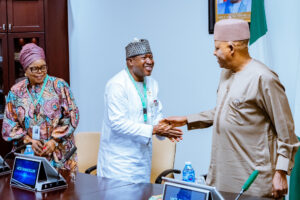 Vice President Kashim Shettima in handshake with Vice Chancellor of the University of Abuja, Hakeem Fawehinmi, when he received management team of the University at the State House, Abuja on Wednesday September 9, 2026