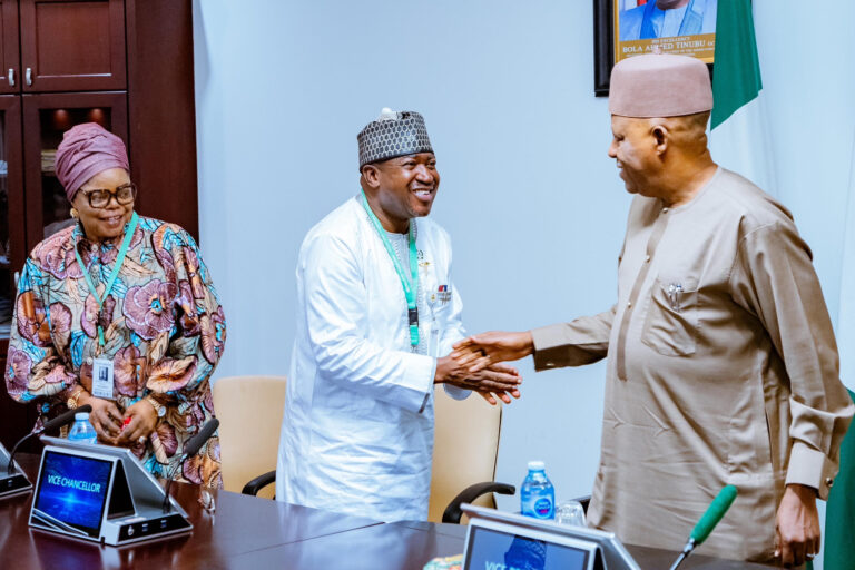 Vice President Kashim Shettima in handshake with Vice Chancellor of the University of Abuja, Hakeem Fawehinmi, when he received management team of the University at the State House, Abuja on Wednesday September 9, 2026