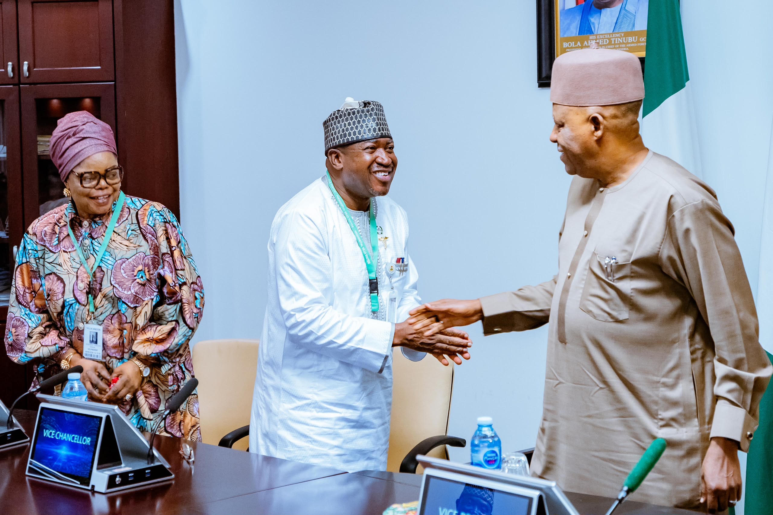 Vice President Kashim Shettima in handshake with Vice Chancellor of the University of Abuja, Hakeem Fawehinmi, when he received management team of the University at the State House, Abuja on Wednesday September 9, 2026