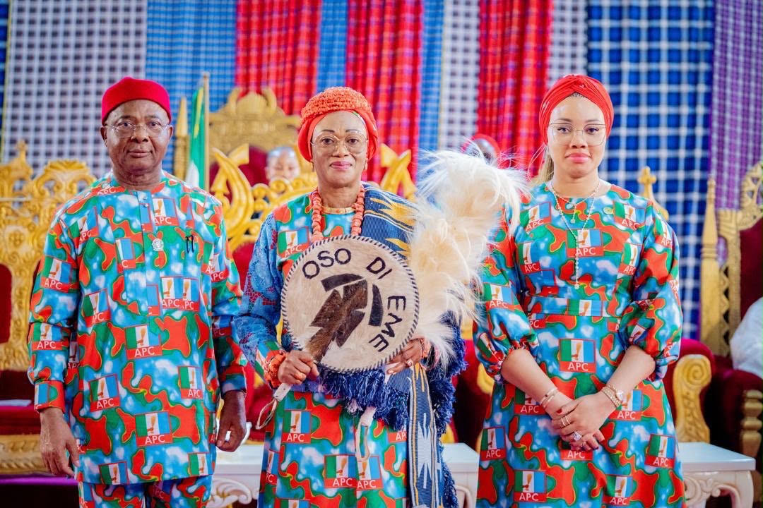 L-R: Imo State Governor Hope Uzodimma, First Lady of Nigeria, Oluremi Tinubu and the wife of the Imo State Governor, Mrs Chioma Uzodimma after the First Lady was conferred with the chieftancy title of Oso Di Eme of Imo by the Imo State Council of Traditional Rulers in Owerri Imo State on Wednesday 9th September 2026