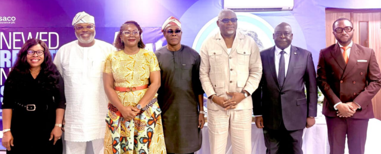 L-R: Company Secretary, Lasaco Assurance Plc, Mrs. Gertrude Olutekunbi; Director, Fola Tinubu; Director, Omolola Bolusire; Director, Biodun Dosunmu; Chairman, Mr. Babatunde Dabiri; Managing Director, Ademoye Shobo; and Non-Executive Director, Mr. Adeyemi Adefarakan, at the 46th Annual General Meeting (AGM) in Lagos recently
