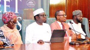 L-R: Permanent Secretary, Ministry of Youth Development, Dr Maryam Kesshinro; Minister of Youth Development, Ayodele Olawande; Senior Special Assistant to the President on Digital Media, Otega Ogra; and Special Assistant to the President on Social Media, Segun Dada, at a press briefing on the 2026 National Youth Conference held at the Presidential Villa, Abuja, Thursday, September 17, 2026