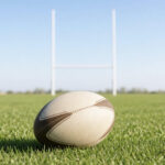 Rugby ball on a sunlit pitch