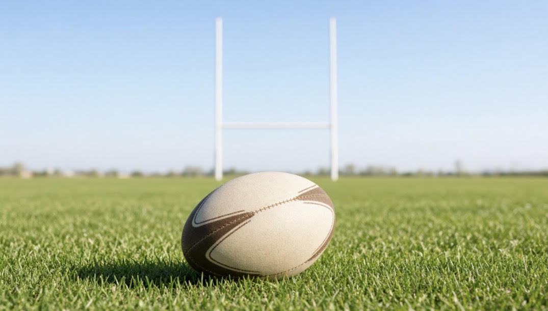 Rugby ball on a sunlit pitch