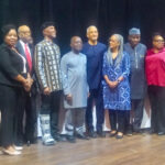 Governor Alex Otti (6th right), Prof. Okey Ndibe (7th right), wife, Prof. Sheri Ndibe (4th), Dr. Denis Okoro (4th left), Prof. Francis Egbokhare (2nd left) and Board members of Fafunwa Educational Foundation at Annual Lecture Symposium in Lagos