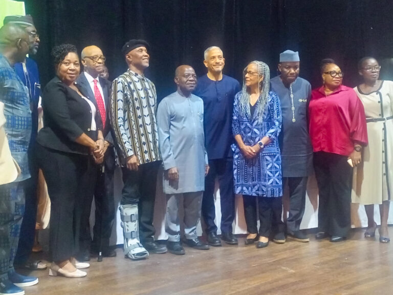 Governor Alex Otti (6th right), Prof. Okey Ndibe (7th right), wife, Prof. Sheri Ndibe (4th), Dr. Denis Okoro (4th left), Prof. Francis Egbokhare (2nd left) and Board members of Fafunwa Educational Foundation at Annual Lecture Symposium in Lagos