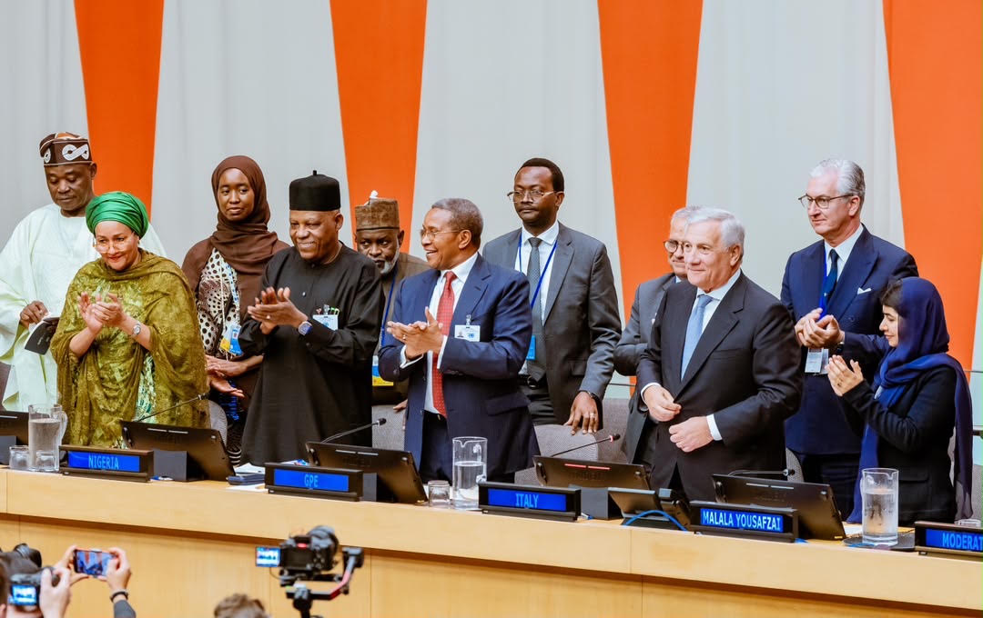 (L-R) Deputy Secretary General, United Nations, Amina Mohammed, Vice-President Kashim Shettima; President, Global Partnership for Education, Jakaya Mrisho Kikwete, Deputy Prime minister of Italy, Antonio Tajani and Education Activist, Malala Yousafzai at the High Level Education event jointly hosted by Nigeria and Italy for Global Partnership for Education Financing on the sidelines of the ongoing United Nations General Assembly in New York on Wednesday, 23-09-2026