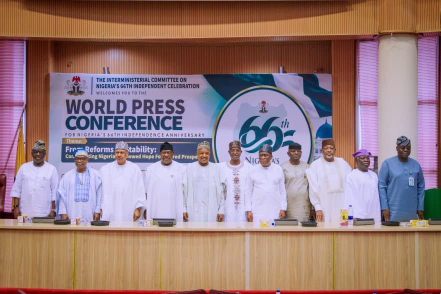Secretary to the Government of the Federation, George Akume (4th left) in a group photograph with some Ministers and Head of the Civil Service of the Federation,  Abel Enitan (right) at the Nigeria’s 66th Independence Anniversary World Press Conference on Thursday 24th September, 2026 in Abuja