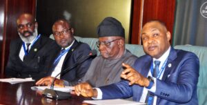 Managing Director and Chief Executive Officer of National Credit Guarantee Company (NCGC) Bonaventure Okhaimo, briefs State House Correspondents at the Press Gallery at the Presidential Villa while Special Adviser to the President on Information and Strategy, Bayo Onanuga and other members of NCGC delegation looked one.