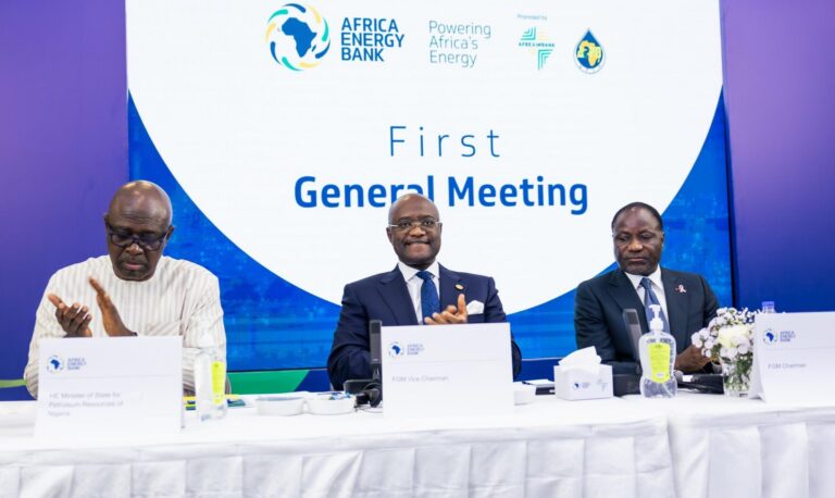 L-R: Sen. Heineken Lokpobiri, Hon. Minister for State Petroleum Resources (Oil), Federal Government of Nigeria, Dr. George Elombi, President and Chairman of the Board of Directors at Afreximbank and Hon Mamadou Sangafowa-Coulibaly, Minister of Mines, Petroleum and Energy of Côte d’Ivoire during the first General Meeting of the Africa Energy Bank in Abuja, Nigeria