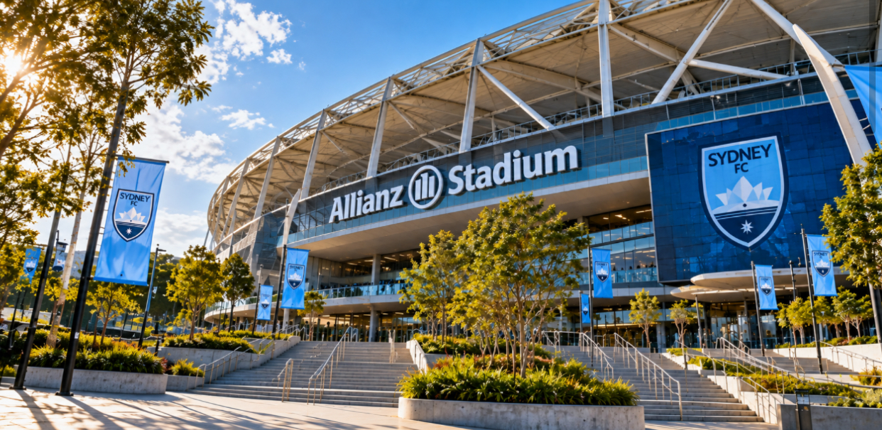 Allianz Stadium in Sydney on a sunny day with Sydney FC logos and an empty entrance plaza