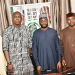 L-R: Engr. Ibrahim Said Uba, Director Mobilisation and Data Management; Olusegun Obasanjo; Director‑General of NITDA, National Coordinator of TMS, Kashifu Inuwa Abdullahi; and Director‑General of TMS, Marcel Ngogbehei