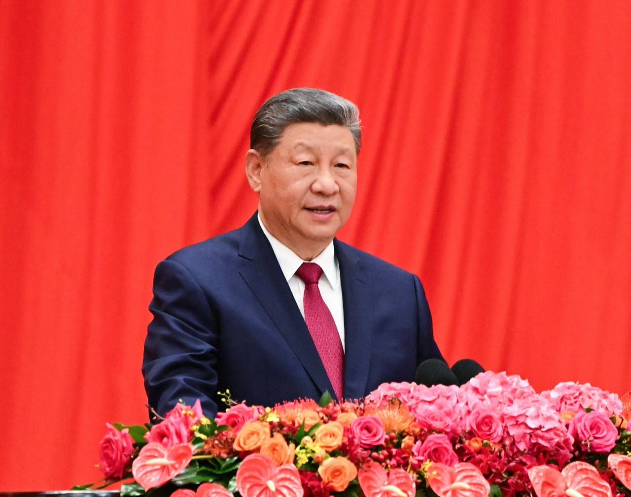 Chinese President Xi Jinping, delivering his speech during the reception marking the 77th anniversary of the founding of the People’s Republic of China which held at the Great Hall of the People in Beijing, China
