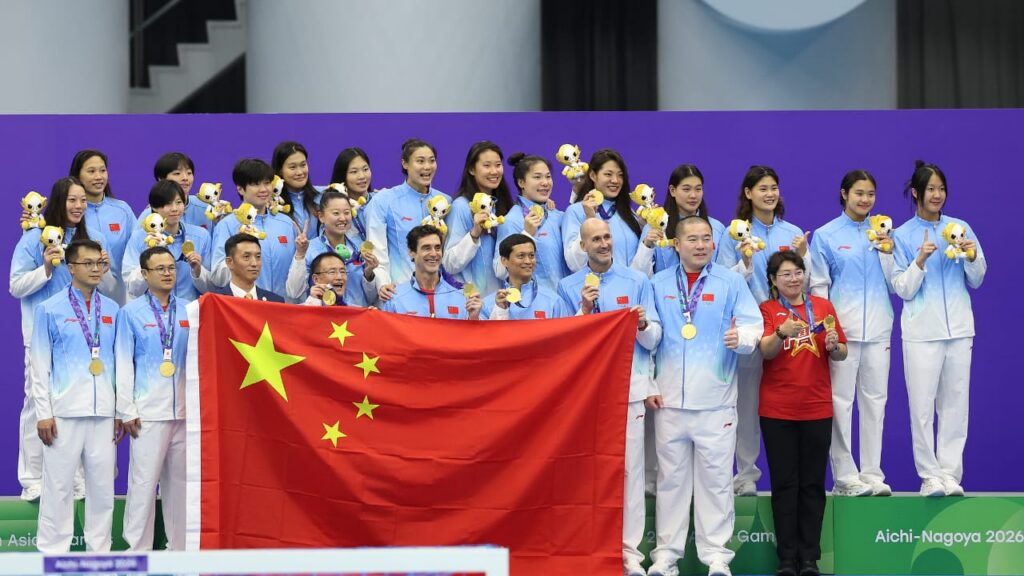 Gold medalist Team China pose at the medal ceremony after the Aquatics Water Polo Women’s finals on day five of the 20th Asian Games Aichi-Nagoya at Nagoya City General Gymnasium Rainbow Pool in Nagoya, Aichi, Japan, on September 24, 2026. /VCG