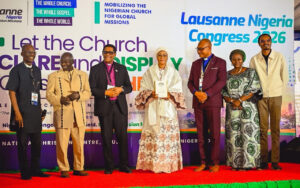 First Lady of Nigeria Oluremi Tinubu(m) flanked on the immediate left by the Archbishop Metropolitan and Primate of All Nigeria, Church of Nigeria (Anglican Communion) and Chairman Board of Trustees, Lausanne Nigeria Christian Mission, Most Rev. Henry Ndukuba, on the immediate right by National Chairman of the Lausanne Nigeria Christian Mission, Rev. Yunusa Sabo Nmadu with other members of the Board of Trustees of the Mission at the 2026 Lausanne Nigeria Christian Mission with the theme, Let the Church Declare and Display Christ Together, held in Abuja on Wednesday 28th October, 2026