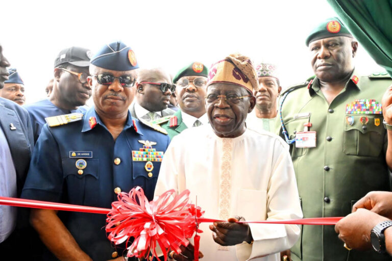 Chief of Air Staff, Air Marshal Sunday Aneke; President Bola Tinubu; Chief of Defence Staff, Gen. Olufemi Oloyode, and others, during the induction of 2x Airbus H-125 Helicopters 3x Austa 109 Trekker B Helicopters and inauguration of newly constructed Presidential Air Fleet Hanger in Abuja on Thursday, October 29, 2026