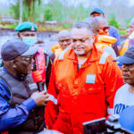 From left: Delta State Governor, Rt. Hon. Sheriff Oborevwori; General Manager (Integrity), Heritage Oil and Gas Company Nigeria Ltd., Mr. Nelson Wilbert; and Chairman, Warri South-West Local Government Council, Hon. Sylvester Oromoni, during the Governor’s visit to Odidi and other communities affected by an oil spill in Warri South-West Local Government Area on Tuesday. PHOTO: SAMUEL JIBUNOR