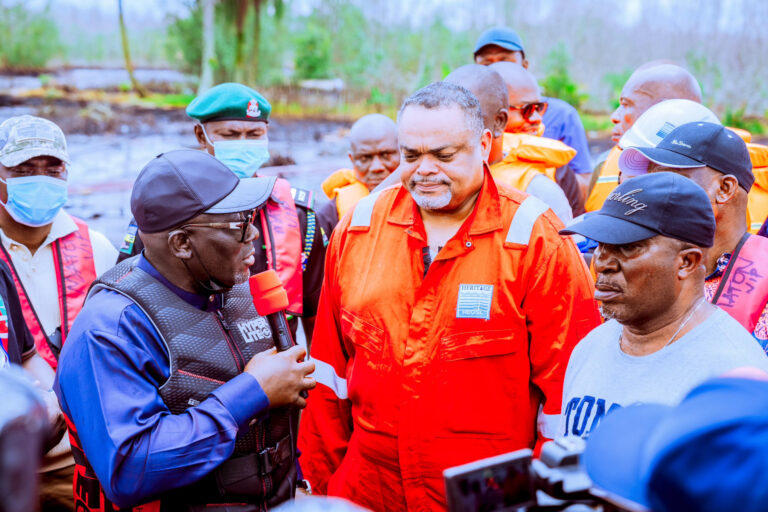 From left: Delta State Governor, Rt. Hon. Sheriff Oborevwori; General Manager (Integrity), Heritage Oil and Gas Company Nigeria Ltd., Mr. Nelson Wilbert; and Chairman, Warri South-West Local Government Council, Hon. Sylvester Oromoni, during the Governor’s visit to Odidi and other communities affected by an oil spill in Warri South-West Local Government Area on Tuesday. PHOTO: SAMUEL JIBUNOR