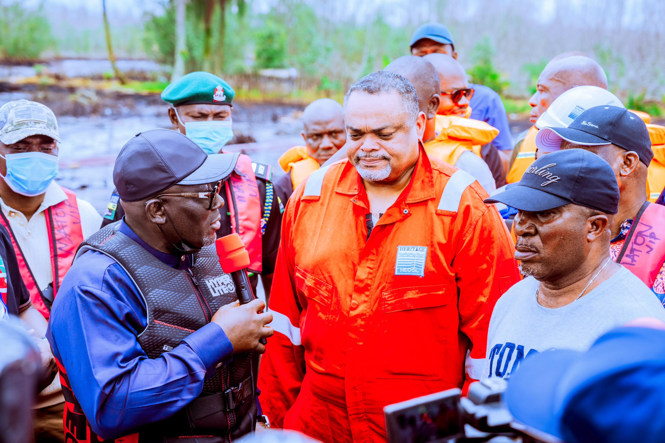 From left: Delta State Governor, Rt. Hon. Sheriff Oborevwori; General Manager (Integrity), Heritage Oil and Gas Company Nigeria Ltd., Mr. Nelson Wilbert; and Chairman, Warri South-West Local Government Council, Hon. Sylvester Oromoni, during the Governor’s visit to Odidi and other communities affected by an oil spill in Warri South-West Local Government Area on Tuesday. PHOTO: SAMUEL JIBUNOR