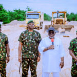 Delta State Governor, Rt. Hon. Sheriff Oborevwori flanked by Chief of Standards and Evaluation, Nigerian Army, Major General Thompson Ugiagbe, and Commander, 63 Brigade, Nigerian Army, Brigadier General Ibrahim Buhari, during an inspection of facilities and ongoing works for the establishment of the Air Defence unit in the state, on Thursday, October 8, 2026