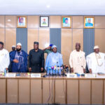(4th right) Secretary to the Government of the Federation and Grand Patron North Central Grassroots Mobilization Network, George Akume, flanked by APC National Chairman, Nentawe Yilwatda (4th left), the Executive Governor of Niger State Mohammed Umar Bago (3rd left), Governor of Nasarawa State, Abdullahi Sule (3rd right), the Deputy Governor of Kwara State, Kayode Alabi (2nd right), the Deputy Governor of Benue State, Samuel Ode (2nd left), the Deputy Governor of Kogi State, Salifu Oyibo (1st right) Deputy Governor of Benue State and Minister of Information and National Orientation, Mohamed Idris, at the meeting of the critical Stakeholders of the North Central Grassroots Mobilization Network on Thursday, 8th October, 2026 in Abuja