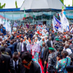 First Lady of Nigeria Oluremi Tinubu greeting the crowd at the Grand Rally of the North Central Grassroots Mobilization Network in support of the 2nd term bid of President Bola Ahmed Tinubu in 2027 held in Lafia, Nasarawa State on Saturday 10th October 2026