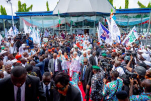 First Lady of Nigeria Oluremi Tinubu greeting the crowd at the Grand Rally of the North Central Grassroots Mobilization Network in support of the 2nd term bid of President Bola Ahmed Tinubu in 2027 held in Lafia, Nasarawa State on Saturday 10th October 2026