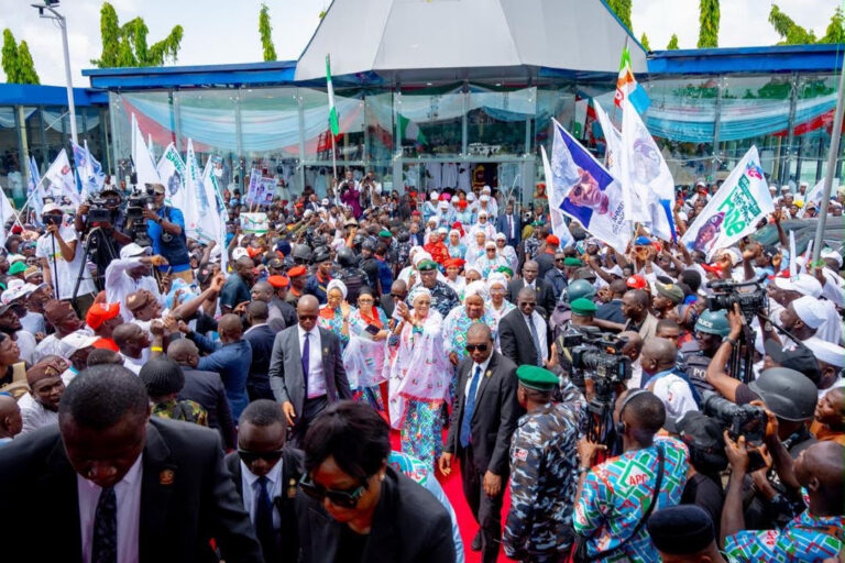 First Lady of Nigeria Oluremi Tinubu greeting the crowd at the Grand Rally of the North Central Grassroots Mobilization Network in support of the 2nd term bid of President Bola Ahmed Tinubu in 2027 held in Lafia, Nasarawa State on Saturday 10th October 2026