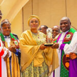 First lady of Nigeria Oluremi Tinubu receiving Award of Excellence from the President of the Christian Association of Nigeria Archbishop Daniel Okoh during the 50th Anniversary of the Christian Association of Nigeria at the Anniversary Celebration, Awards and Thanksgiving Service held at the National Christian Center, Abuja on Saturday 17th October, 2026