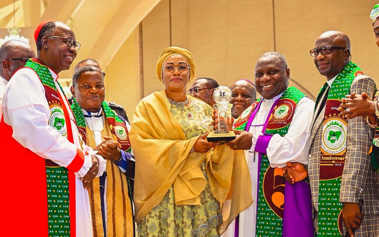 First lady of Nigeria Oluremi Tinubu receiving Award of Excellence from the President of the Christian Association of Nigeria Archbishop Daniel Okoh during the 50th Anniversary of the Christian Association of Nigeria at the Anniversary Celebration, Awards and Thanksgiving Service held at the National Christian Center, Abuja on Saturday 17th October, 2026