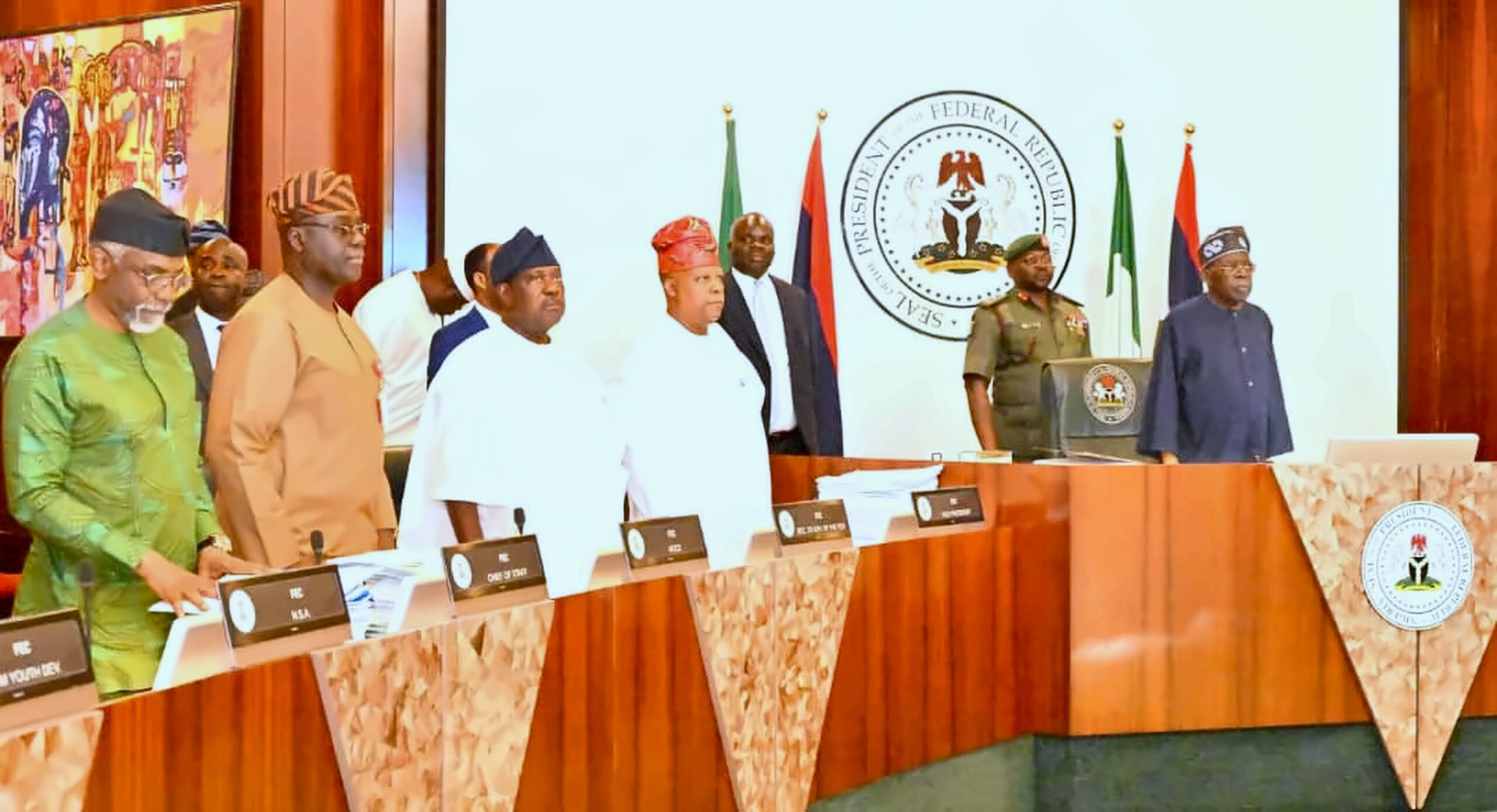 R-L: President Bola Ahmed Tinubu; Vice President Kashim Shettima; Secretary to the Government of the Federation (SGF), George Akume; Head of Civil Service of the Federation, Enitan Abel and Chief of Staff to the President, Femi Gbajabiamila, during the Federal Executive Council (FEC) meeting, at the Presidential Villa Abuja Wednesday October 28, 2026